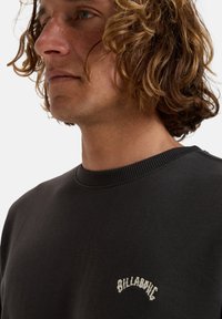 Sort sweatshirt med rund halsudskærning, ribbede ærmer, der har et lille broderet logo i cremefarve på venstre brystområde. Blød tekstur.