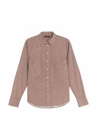 Chemise à rayures à manches longues avec col, dotée de rayures verticales rouges et blanches, fermeture à boutons à l'avant et empiècement au dos pour un détail de design supplémentaire.