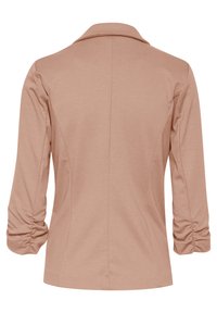 Svetle růžový blazer se strukturovaným límcem, tříčtvrtečními rukávy a nařasením na manžetách. Hladká tkanina s přizpůsobeným střihem.