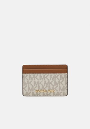 Gray and beige cardholder with a monogram pattern, brown leather accents, and gold logo detail. Compact and rectangular shape.