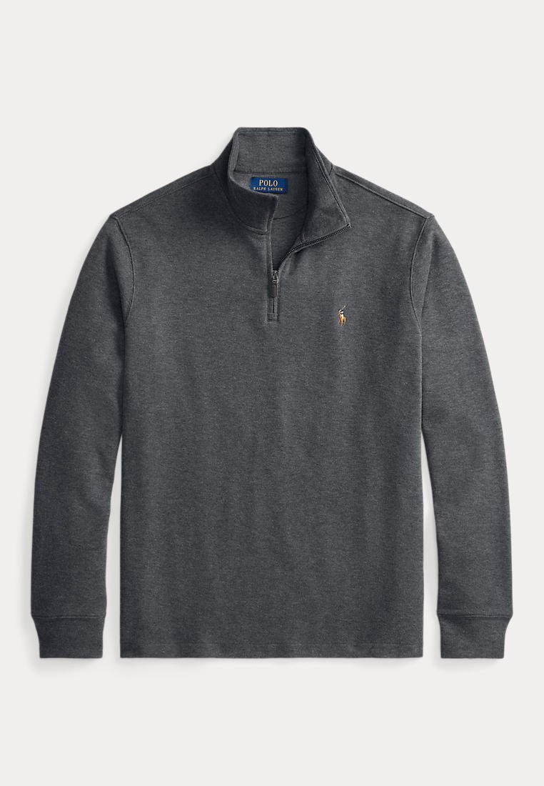 Тъмносив пуловер с дълги ръкави и четвърт цип с малко бродирано лого Polo Ralph Lauren в лявата част на гърдите.