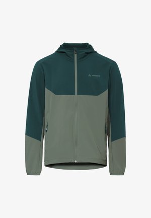 Tweekleurig groene softshelljas met capuchon, ritssluiting aan de voorkant, met rits gesloten zijzakken en Vaude-logo op de borst.