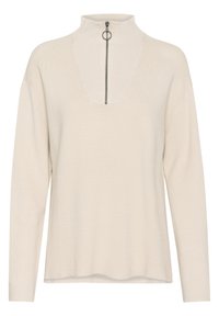 Beżowy sweter z dzianiny z wysokim kołnierzem i półzamkiem, z teksturowanym wzorem i długimi rękawami. Wykończenia dołu są miękkie i zaokrąglone.