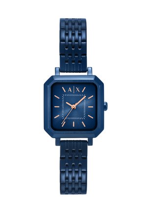 Orologio quadrato blu con cinturino testurizzato, caratterizzato da un quadrante blu, indicatori delle ore in oro e un delicato motivo a griglia per i minuti.