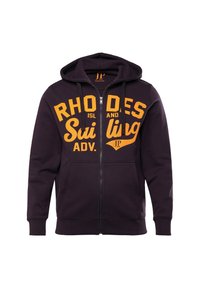 Zip-up hættetrøje i mørk lilla bomuldsblanding. Har orange grafisk tekst med teksten "RHODES ISL and Sailing ADV." Har en frontlomme og snoretræk til hætten.