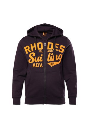 Sudadera con cremallera en un tono púrpura oscuro de mezcla de algodón. Presenta un texto gráfico en naranja que dice "RHODES ISL y Sailing ADV". Tiene un bolsillo frontal y capucha con cordón.