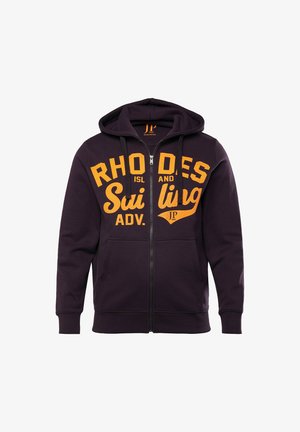 Zip-up hættetrøje i mørk lilla bomuldsblanding. Har orange grafisk tekst med teksten "RHODES ISL and Sailing ADV." Har en frontlomme og snoretræk til hætten.