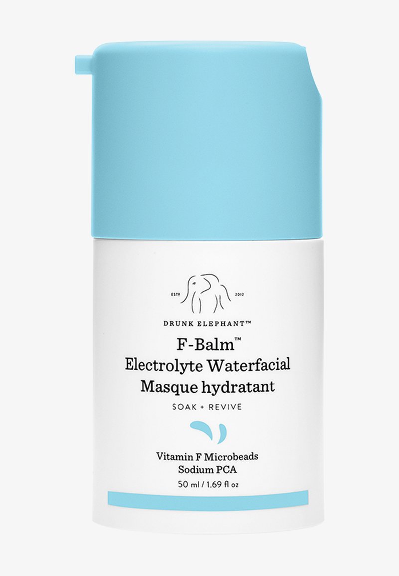 White cylindrical container with a light blue cap. Features black text for product details. Contains 50 ml of electrolyte water facial mask.