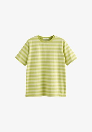 Heledad roheline lühikeste varrukatega T-särk horisontaalsete valgete triipudega. Pehme puuvillane kangas, ümmarguse kaelusega disain, mugav lõige, minimaalne detailide arv.