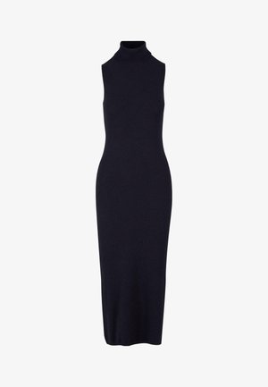 Jūras spēku tumši zilā bez piedurknēm kleita ar augstu apkakli, pieguļošs dizains, izgatavota no mīksta, elastīga auduma. Garums sasniedz vidus teļa līmeni. Minimalistisks stils.