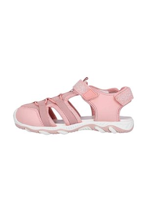 Sandale rose pour enfants à bout fermé avec brides en mesh et synthétiques, fermetures velcro pailletées et semelle en caoutchouc blanche avec relief.