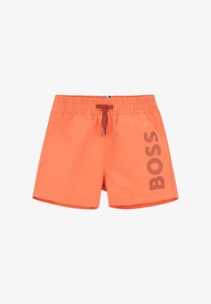 Orange Badekurz mit einem dehnbaren Taillenbund und braunem Kordelzug. Seitentaschen und das "BOSS"-Logo in Braun auf der Vorderseite aufgedruckt.