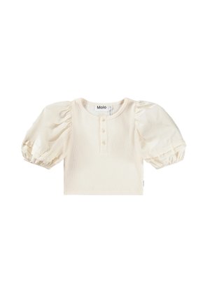 Kremowy krótki top z bufkami na krótkich rękawach i pięcioma guzikami przy okrągłym dekolcie.
