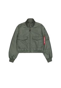 Maslinasto zeleni bomber jakna od glatkog sintetičkog materijala. Ima zatvarač sprijeda, dvije velike džepove na prsima i crvenu oznaku za povlačenje zatvarača.