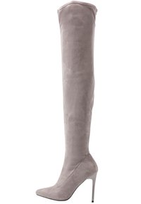Bota de ante gris claro hasta la rodilla con tacón de aguja y punta afilada, textura suave y diseño ajustado. Cuenta con un tacón alto y elegante para mayor elevación.