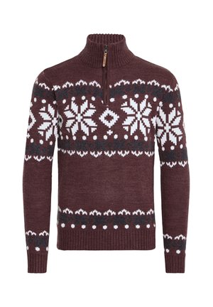 Bourgogne stickad tröja med hög krage och halv dragkedja; har vita och turkosa snöflingemönster samt ribbade ärmslut och nederkant.