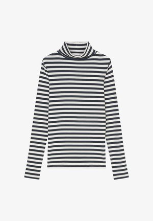 Dopasowany top z długim rękawem w czarno-białe poziome paski, z wysokim kołnierzem.