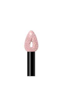 Produit à lèvres liquide avec un applicateur noir et une pointe rose en forme de goutte d'eau, moelleuse. La pointe a une texture douce et veloutée et un petit trou.