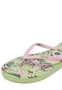 Green flip-flop with pink floral pattern and pink straps featuring "ROXY" logo on a white background.