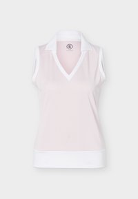 Polo pour femme sans manches, rose clair, avec col blanc, encolure en V, bordure aux bras et large bande blanche à l'ourlet, avec logo à l'intérieur du col.