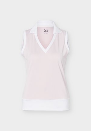 Dámske svetloružové polo tričko bez rukávov s bielym golierom, výstrihom do V, lemom na rukávoch a širokým bielym pásom na spodku, s logom na vnútornej strane goliera.