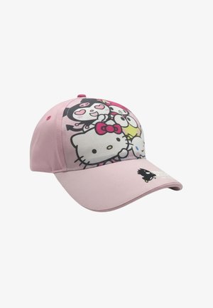 Casquette de baseball rose avec Hello Kitty et d'autres personnages Sanrio sur le panneau avant, et un petit oiseau noir de dessin animé sur la visière.