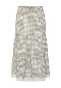 Jupe échelonnée à carreaux beige et gris avec taille élastique et bordure en dentelle blanche à l'ourlet, longueur mi-longue, tissu en coton léger.