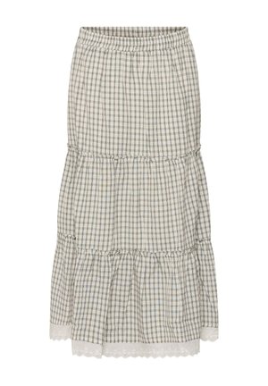 Beige and gray checkered tiered skirt with elastic waistband and white lace trim at hem, mid-length, lightweight cotton fabric.
