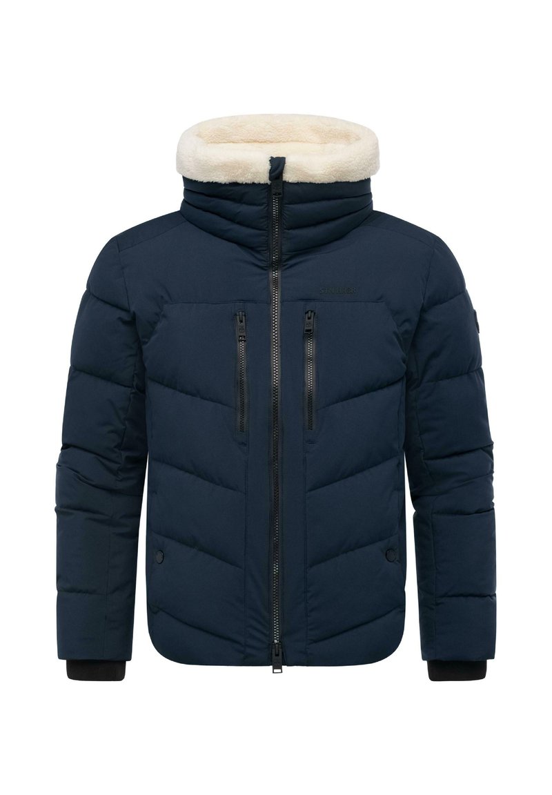 Giubbotto imbottito blu navy con colletto alto e rifiniture in pelliccia artificiale color crema. Presenta due tasche sul petto con zip e cuciture a pannelli texture.