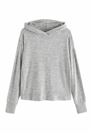 Pull à capuche en maille gris clair avec manches longues, poignets côtelés et coupe décontractée, présenté sur un fond blanc.