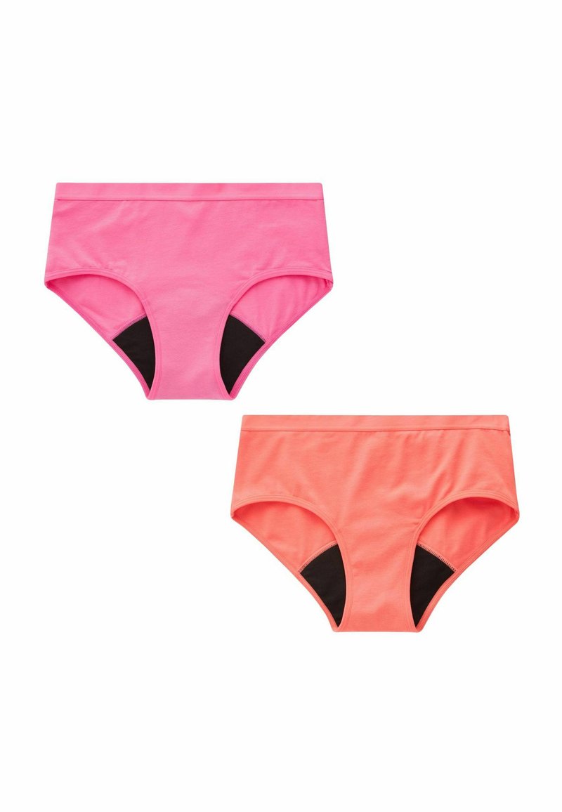 Due paia di mutandine da donna in rosa brillante e corallo, realizzate in tessuto morbido, con pannelli laterali neri e design classico a slip.