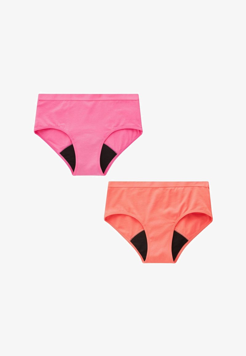 Két pár női alsónemű élénk rózsaszín és korall színben, puha anyagból készült, fekete oldalsó betétekkel és klasszikus bugyiformával.