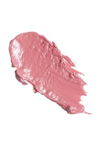 Thick smear of glossy mauve-pink creamy paint spread unevenly on a white background, showing texture and brush strokes.