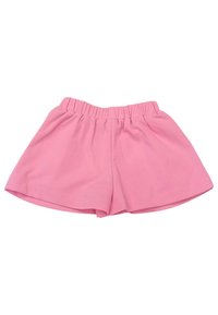 Pantaloni corti rosa realizzati in tessuto morbido, con vita elastica, vestibilità ampia e una texture liscia senza motivi o dettagli visibili.