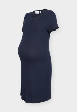 Abito premaman a coste blu navy con maniche corte, bottoni anteriori e una forma aderente progettata per la gravidanza.