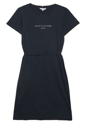 Navy blue short-sleeve dress with round neckline, waist tie, and "Tommy Hilfiger EST. 1985" logo in white and red on chest.