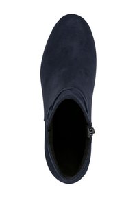 Stivale alla caviglia in suede blu navy con punta arrotondata e cerniera laterale, visto dall'alto su uno sfondo bianco.