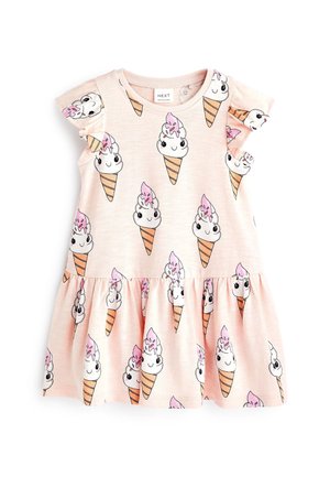 Hellrosa Toddler-Kleid mit fröhlichem Eistüten-Muster, kurzen Flügelärmeln und gerafftem Rock.