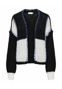 Cárdigan de punto que presenta una mezcla de colores negro, blanco y azul, con costuras en contraste y un diseño de frente abierto. Tejido texturizado.