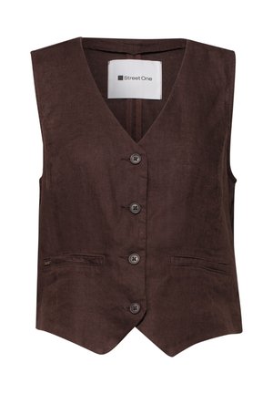 Ruskea napitettava hihaton liivi V-aukolla ja kahdella pienellä etutaskulla, jossa kauluksessa "Street One"-merkintä.