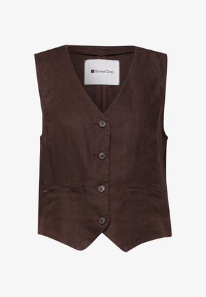 Veste sans manches marron à boutons avec col en V et deux petites poches avant, étiquetée "Street One" à l'intérieur du col.