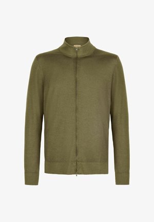 Cardigan zippé vert olive avec un col montant et des poignets ainsi qu'un ourlet côtelés.