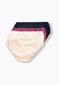Set van vier katoenen slips in licht perzik, wit, bordeauxrood en marineblauw, met een soepele textuur en elastische tailleband voor comfort.