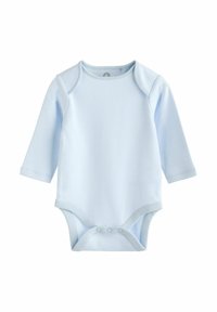 Világoskék, hosszú ujjú baba body, puha bordázott textúrával, lekerekített nyakkal és patentzárakkal az alján.