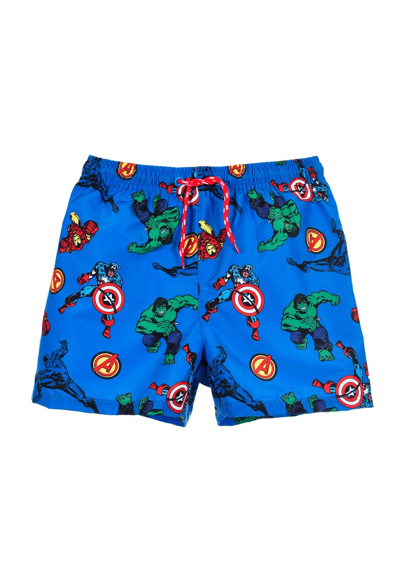 Blue swim shorts with an elastic waistband and red drawstring. Features colorful superhero designs and logos throughout the fabric.