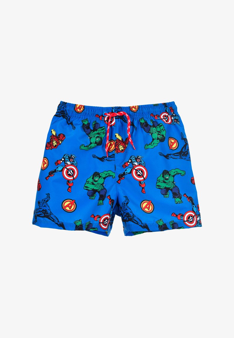 Blauwe zwemshorts met een elastische tailleband en rode trekkoord. Bevat kleurrijke superheldontwerpen en logo's op de stof.