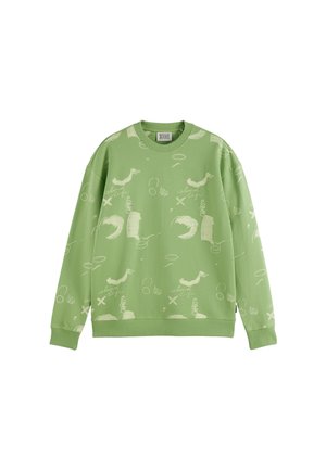 Grüner Sweatshirt mit Rundhalsausschnitt, das einen gemischten Druck aus abstrakten Formen und dem Text "Inselleben" in einer helleren Farbnuance zeigt.