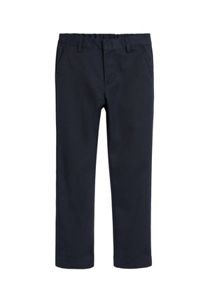 Pantalon bleu marine à jambes droites avec passants de ceinture et poches latérales, présenté sur fond blanc.