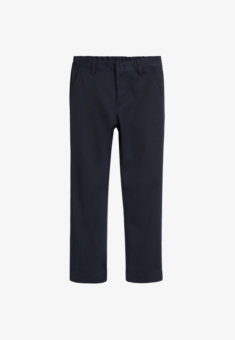 Pantalon bleu marine à jambes droites avec passants de ceinture et poches latérales, présenté sur fond blanc.