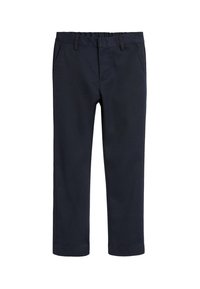 Pantalons bleu marine à jambe droite avec passants de ceinture, poches latérales et fermeture zippée à l'avant, adaptés pour un usage décontracté ou professionnel.